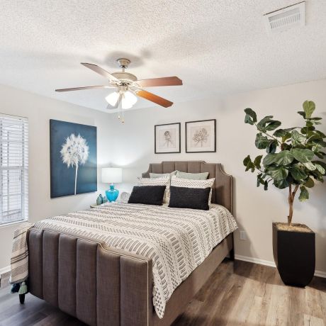 Altamonte Apartments bedroom with natural lighting, wood flooring, and ceiling fan.