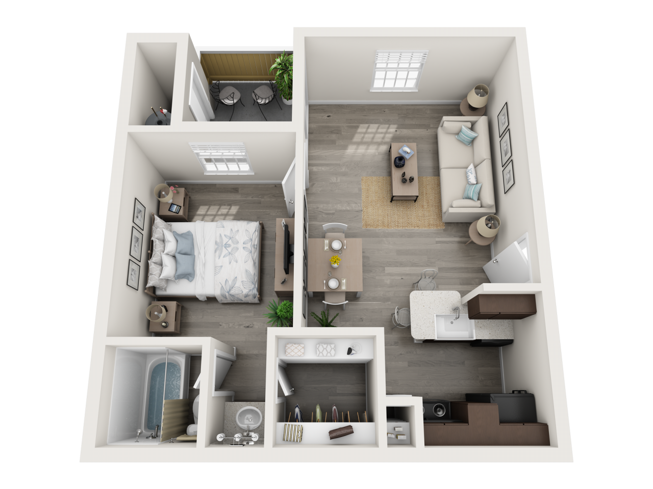3D floor plan of a one-bedroom apartment with living room, kitchen, bathroom, and balcony.